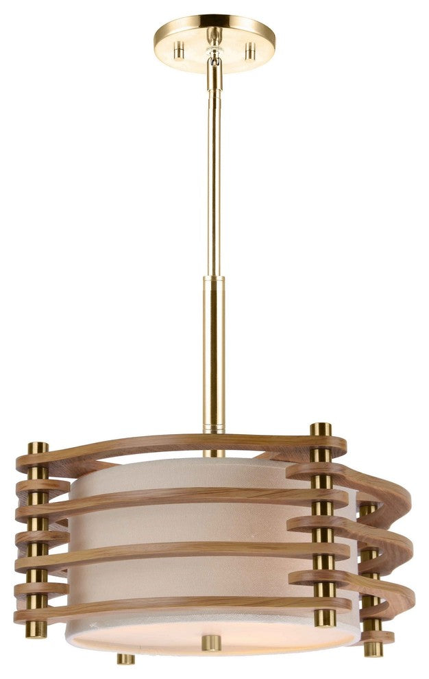 Steps 3-Light Wood and Fabric Pendant, Ash, Brushed Brass