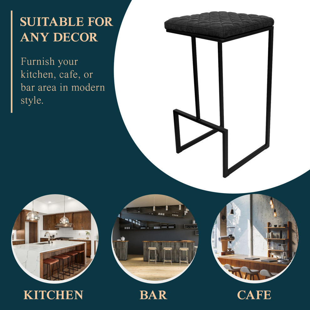 Quincy Leather Barstool Square Seats and Metal Frame Set of 2, Charcoal Black