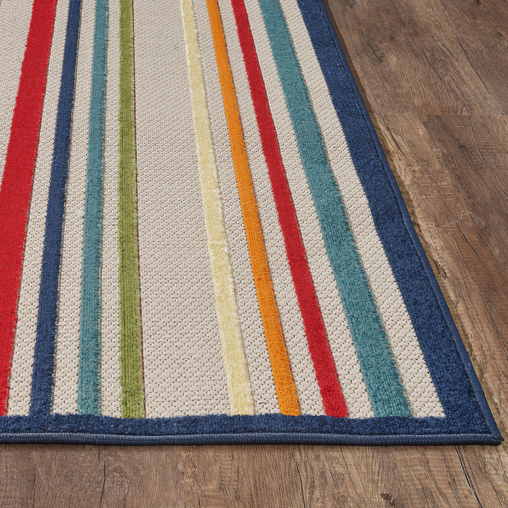 8"x10" Navy Colorful Striped Indoor Outdoor Area Rug