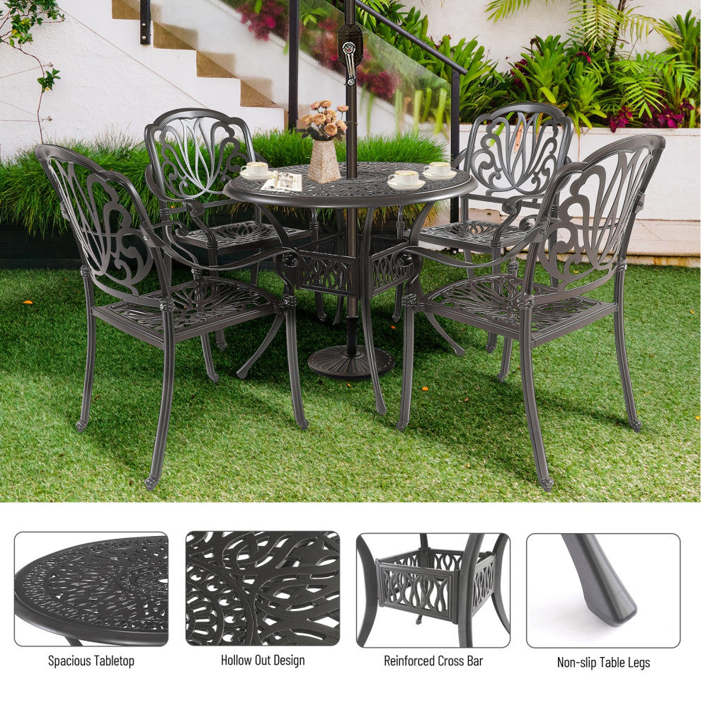 All-Weather 5-Piece Patio Bistro Table Set With Umbrella Hole Black