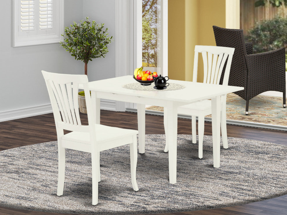 3Pc Dining Table Set 2 Dining Chairs, Butterfly Leaf Dining Table, Linen White