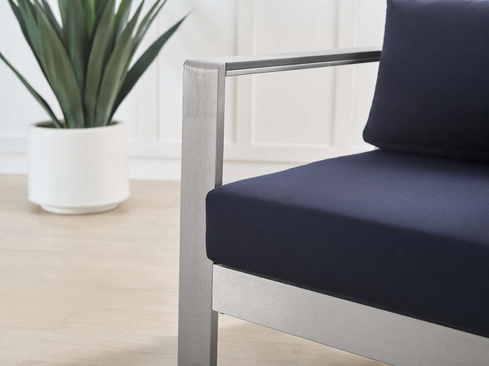 Lounge Chair Armchair, Sunbrella, Fabric, Aluminum, Silver Blue Navy, Outdoor