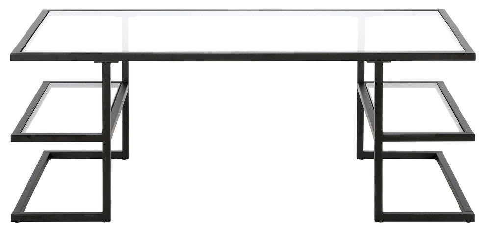 47" Black Glass And Steel Coffee Table With Two Shelves
