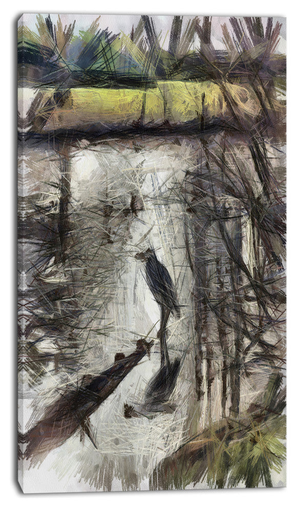 Bird in National Park Watercolor, Landscape Canvas Wall Art, 16"x32"