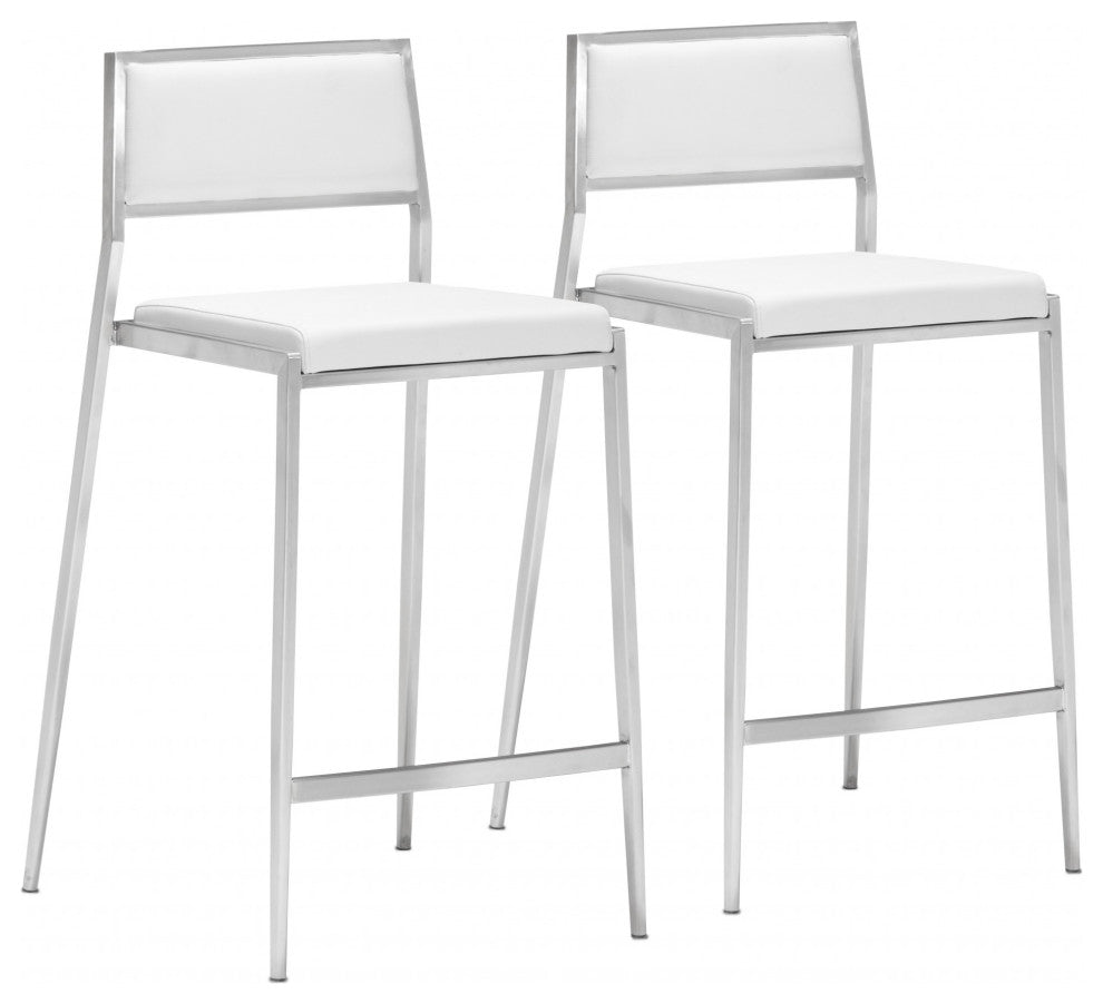 Set of Two White Faux Leather and Stainless Low Back Counter Stools