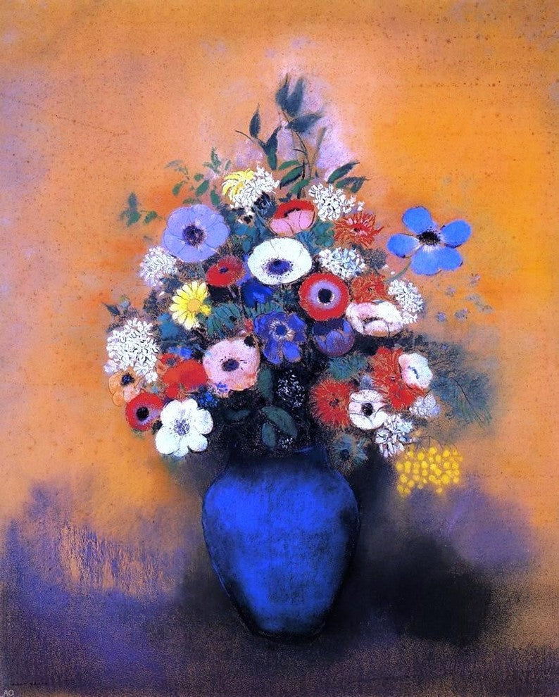 Odilon Redon Minosas- Anemonies and Leaves in a Blue Vase Wall Decal