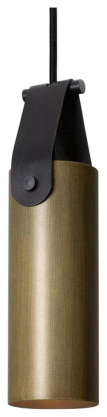 Spero Pendant, Distressed Brass, Black Leather, Incandescent