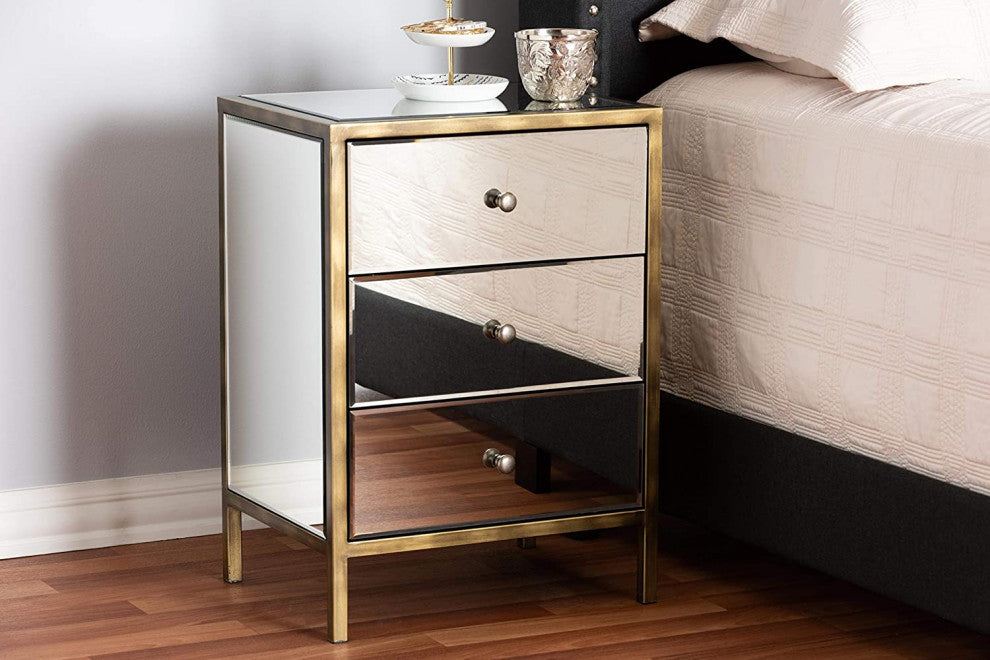 Mirrored Nightstand, 3 Storage Drawers and Antique Brass Trim Accent, Silver