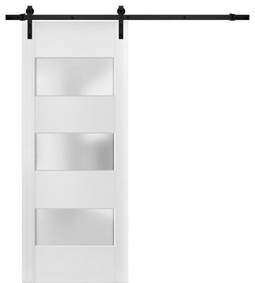 Barn Door 42 x 96 Frosted Glass 3 Lites, Lucia 4070 White Silk, 8FT Rail Kit
