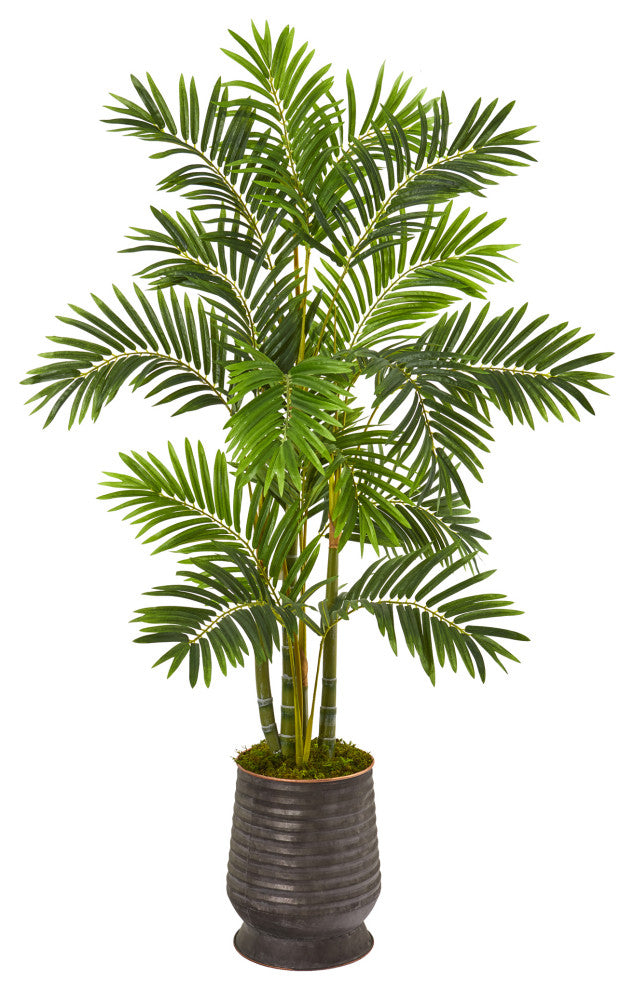 63" Areca Palm Artificial Tree, Ribbed Metal Planter