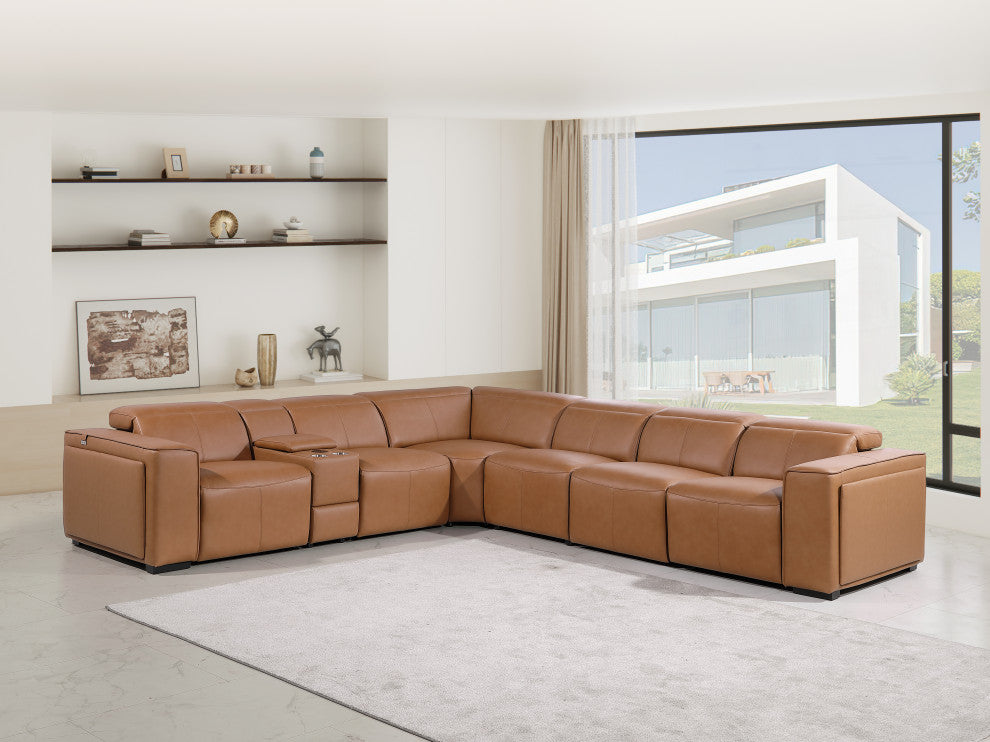 Niccolo Italian Leather 7-Piece L-Shaped Power Reclining Sectional, Cognac