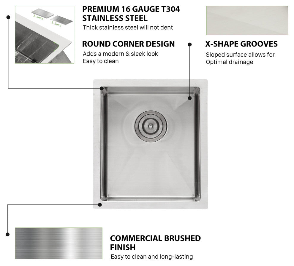 Undermount Single Bowl 16 Guage Stainless Steel Kitchen Sink With Accessories , Stainless Steel, 13x15x9 in