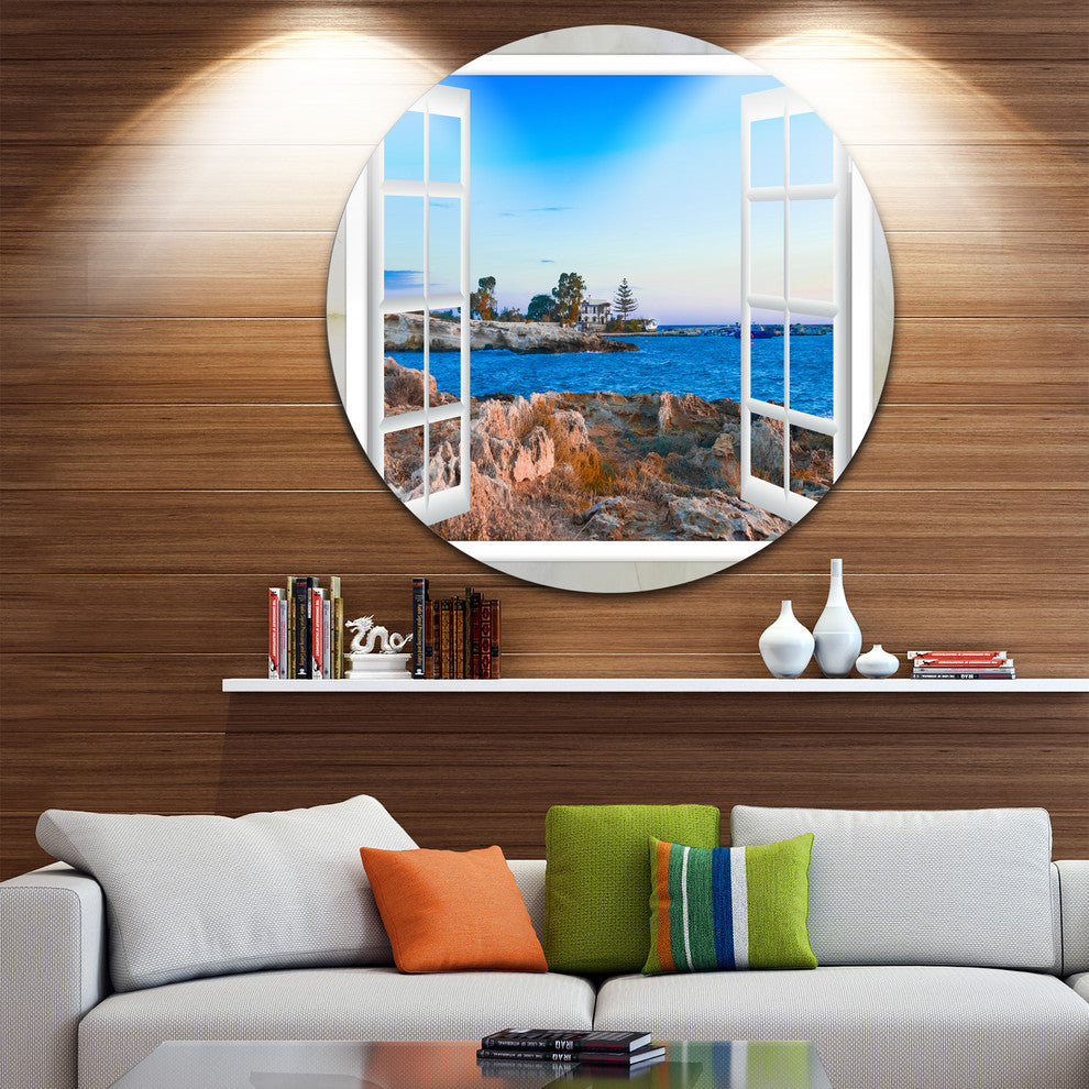 Open Window To Blue Seashore, Landscape Disc Metal Artwork, 36"