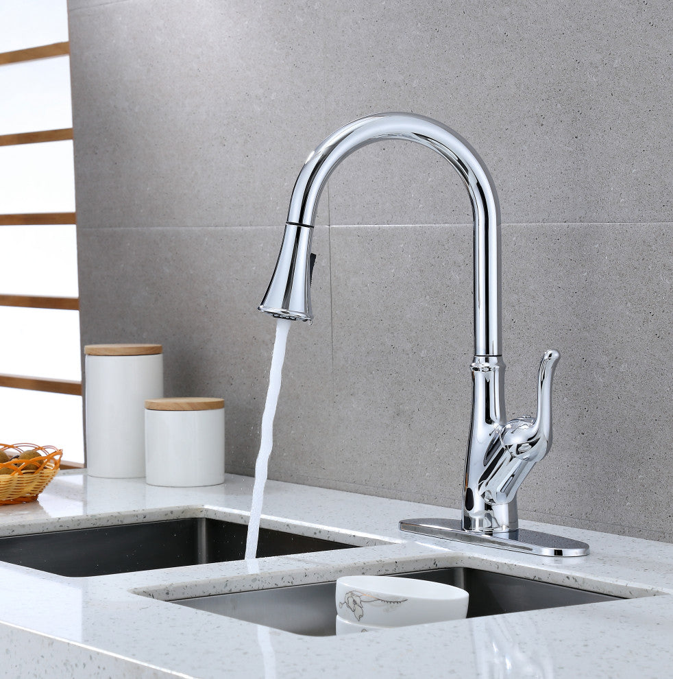 Runfine Hands Free Single-Handle Pull down Sprayer Kitchen Faucet, Chrome