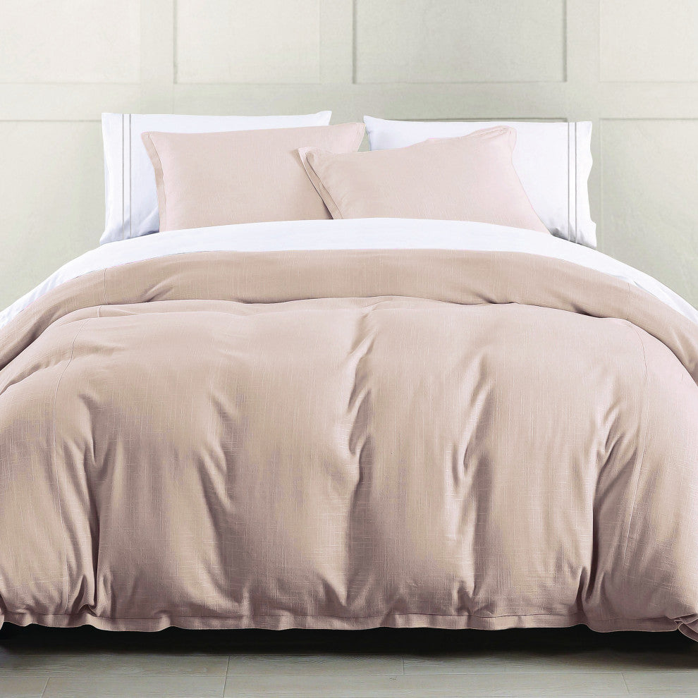 Hera Washed Linen Flange Duvet Cover Set, 3 Piece, Blush, Queen