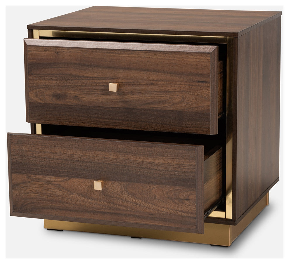 Mid-Century Modern Walnut Brown Finished Wood and Gold Metal 2-Drawer Nightstand