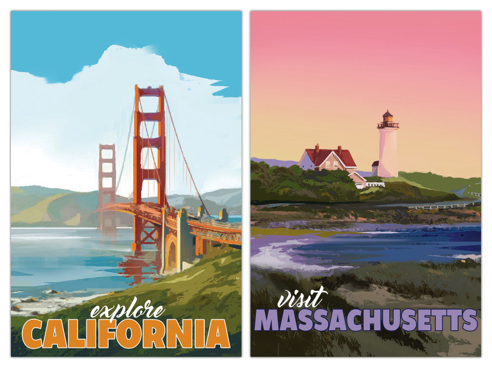 "Bicoastal Beauty" Frameless Floating Tempered Glass Panel Wall Art Set of 2