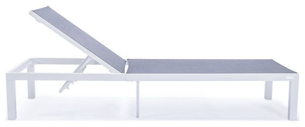 LeisureMod Marlin White Patio Chaise Lounge Chair with Fire Pit Table, Dark Gray