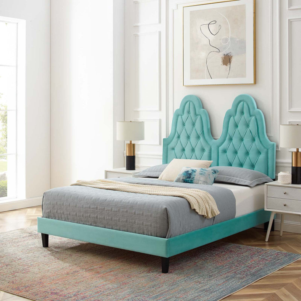 Tufted Platform Bed Frame, Twin Size, Velvet, Blue, Modern Contemporary, Bedroom