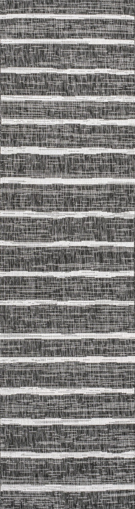 Colonia Berber Stripe Indoor/Outdoor Rug, Black/Ivory, 2x8