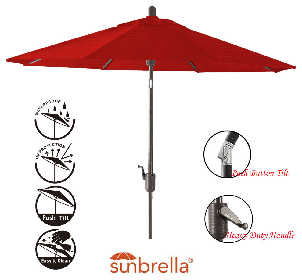 9' Round Push Tilt Market Umbrella, Grey Frame, Sunbrella, Jockey Red
