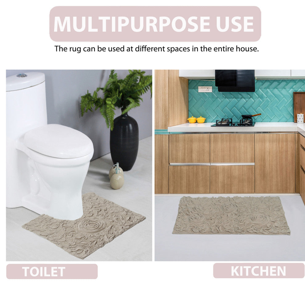 Bell Flower Collection Cotton Bath Rug, 21"x34", Linen