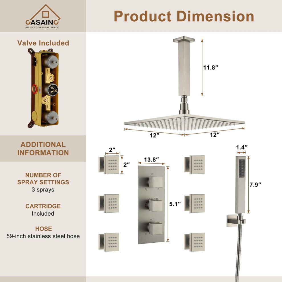 CASAINC 12" Ceiling Mounted Luxury LED Shower Head Handheld Spray, Brushed Nickel