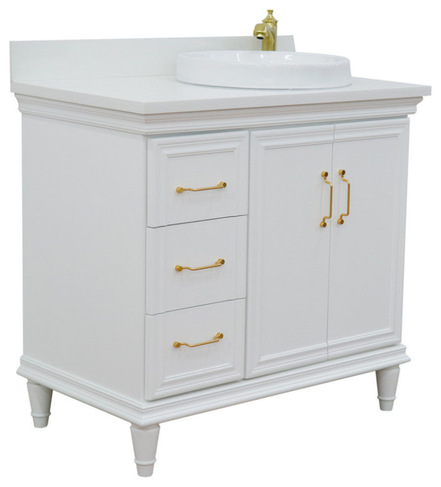 37" Single Vanity, White Finish With White Engineered Stone Top