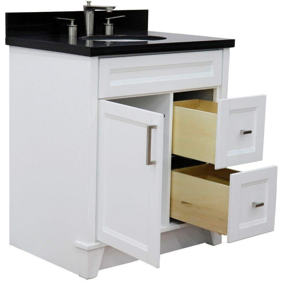 31" Single Sink Vanity, White Finish With Black Galaxy Granite With Oval Sink