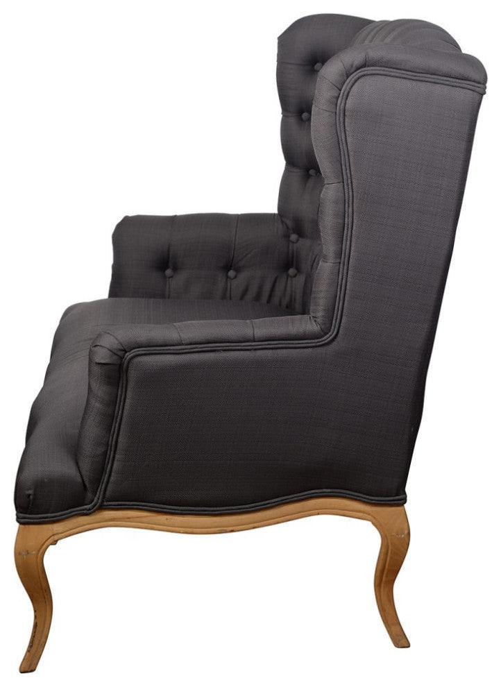 Benzara Button Tufted Wingback Design Backrest Wooden Settee, Gray/Brown