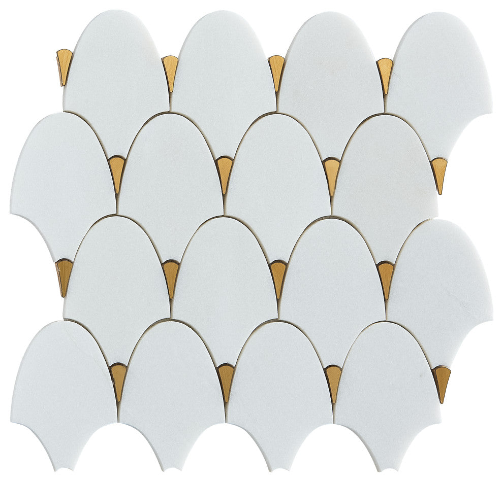 10-Pieces of Fan Shape Thassos White With Gold Metal Mosaic Tile