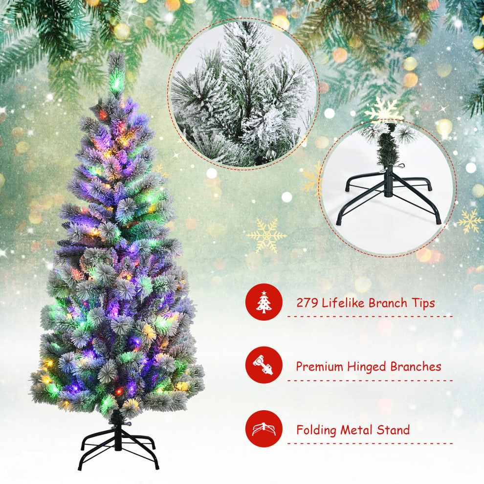 5FT Pre-Lit Hinged Christmas Tree Snow Flocked w/9 Modes Remote Control Lights
