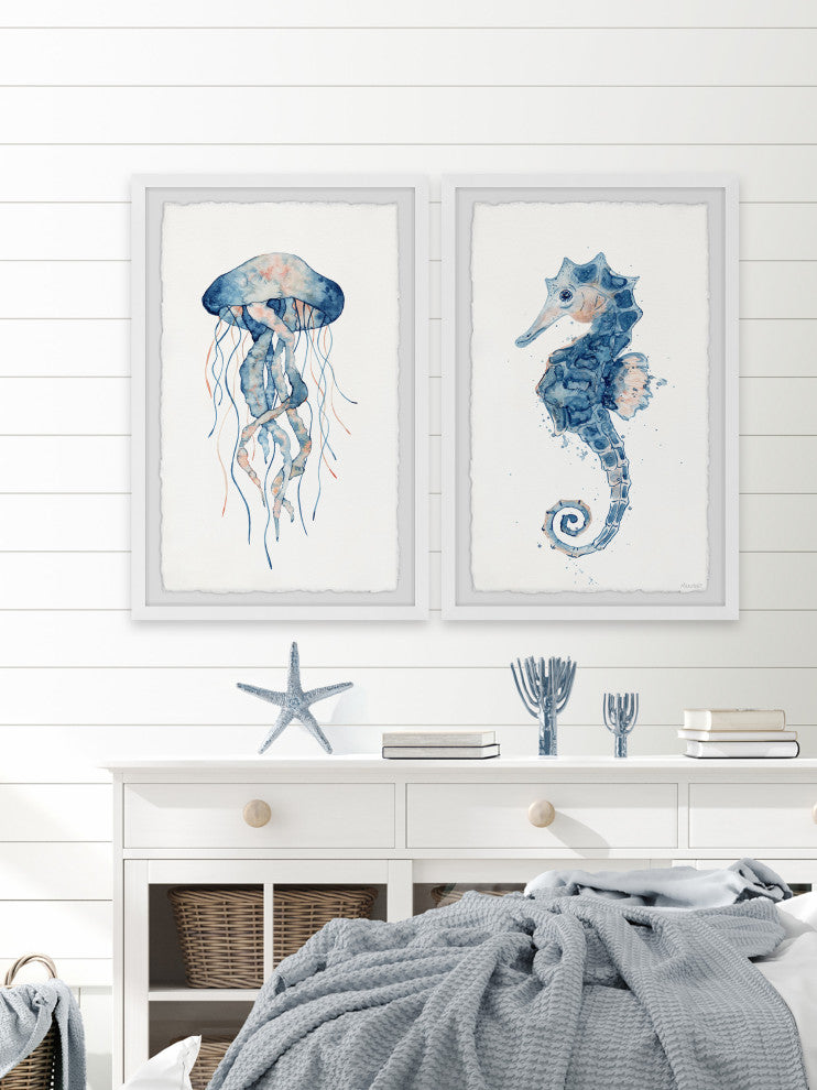Jellyfish and Seahorse Diptych, 2-Piece Set, 8x12 Panels