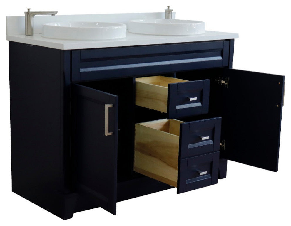 48" Double Sink Vanity, Blue Finish With Engineered Stone Top And Round Sink