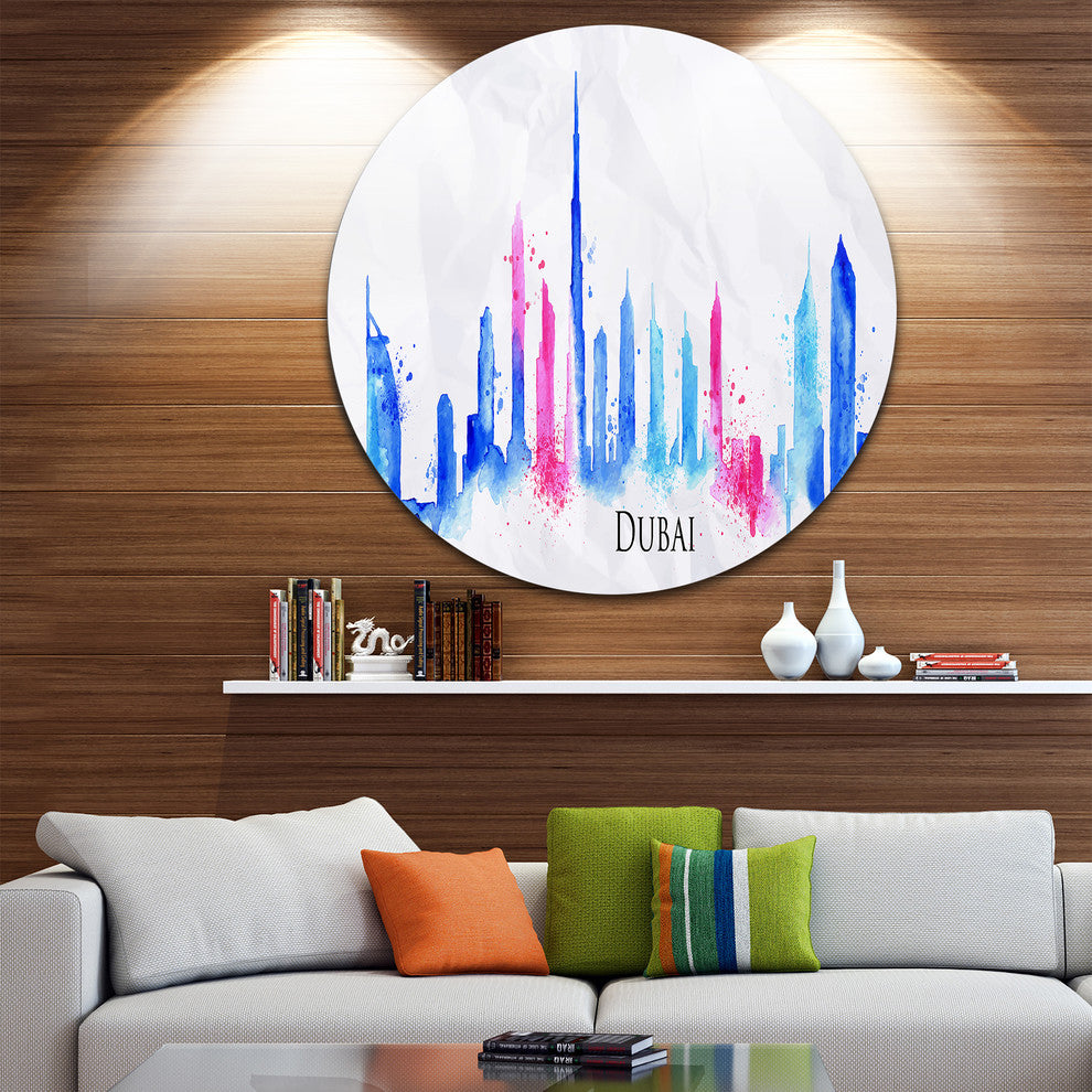 Colorful Dubai Silhouette, Cityscape Painting Disc Metal Artwork, 23"