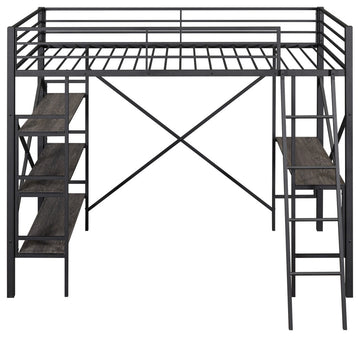 Gewnee Twin Size Metal Loft Bed with Shelves and Desk in Black