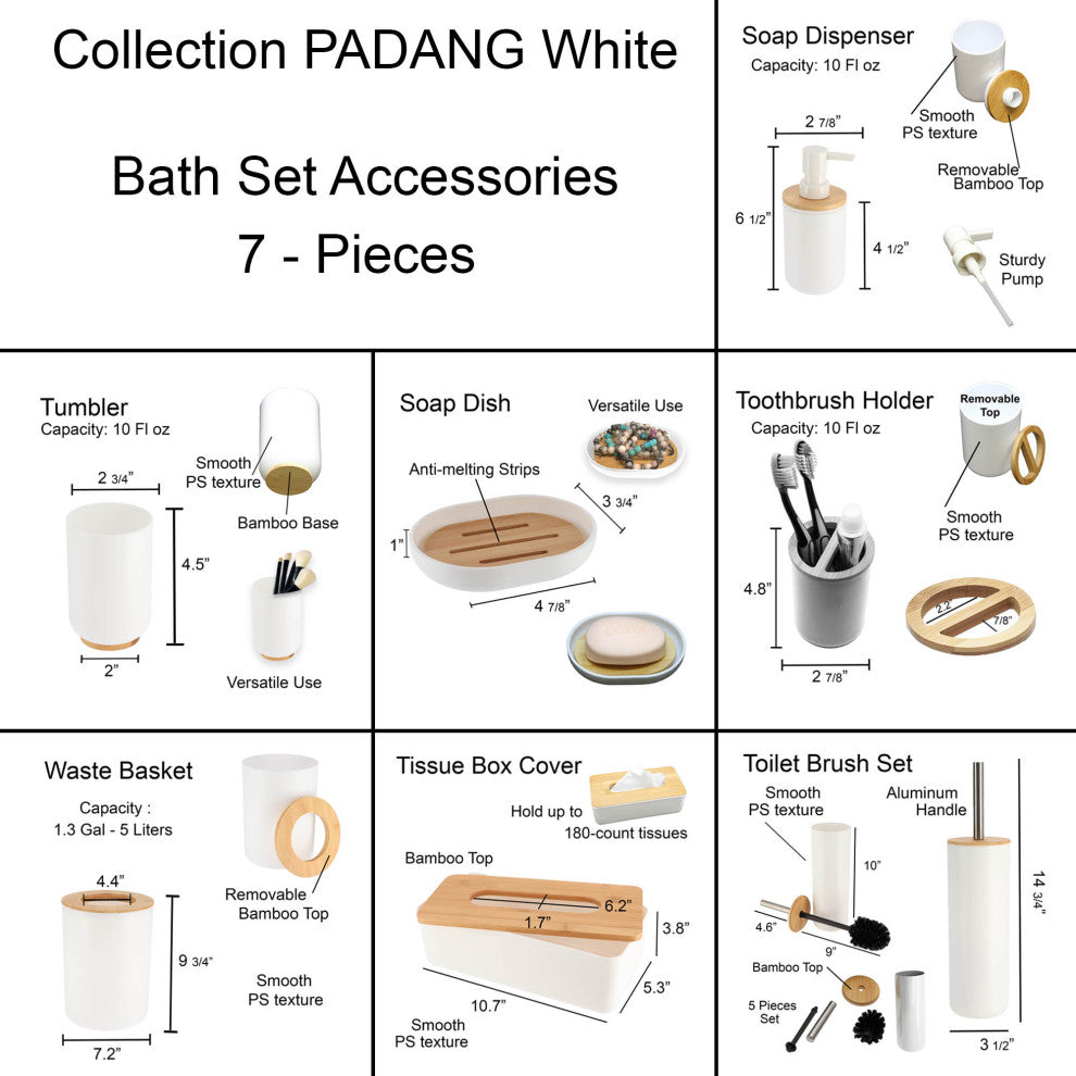 White Padang Bathroom Accessory Set 7-Pieces Bamboo