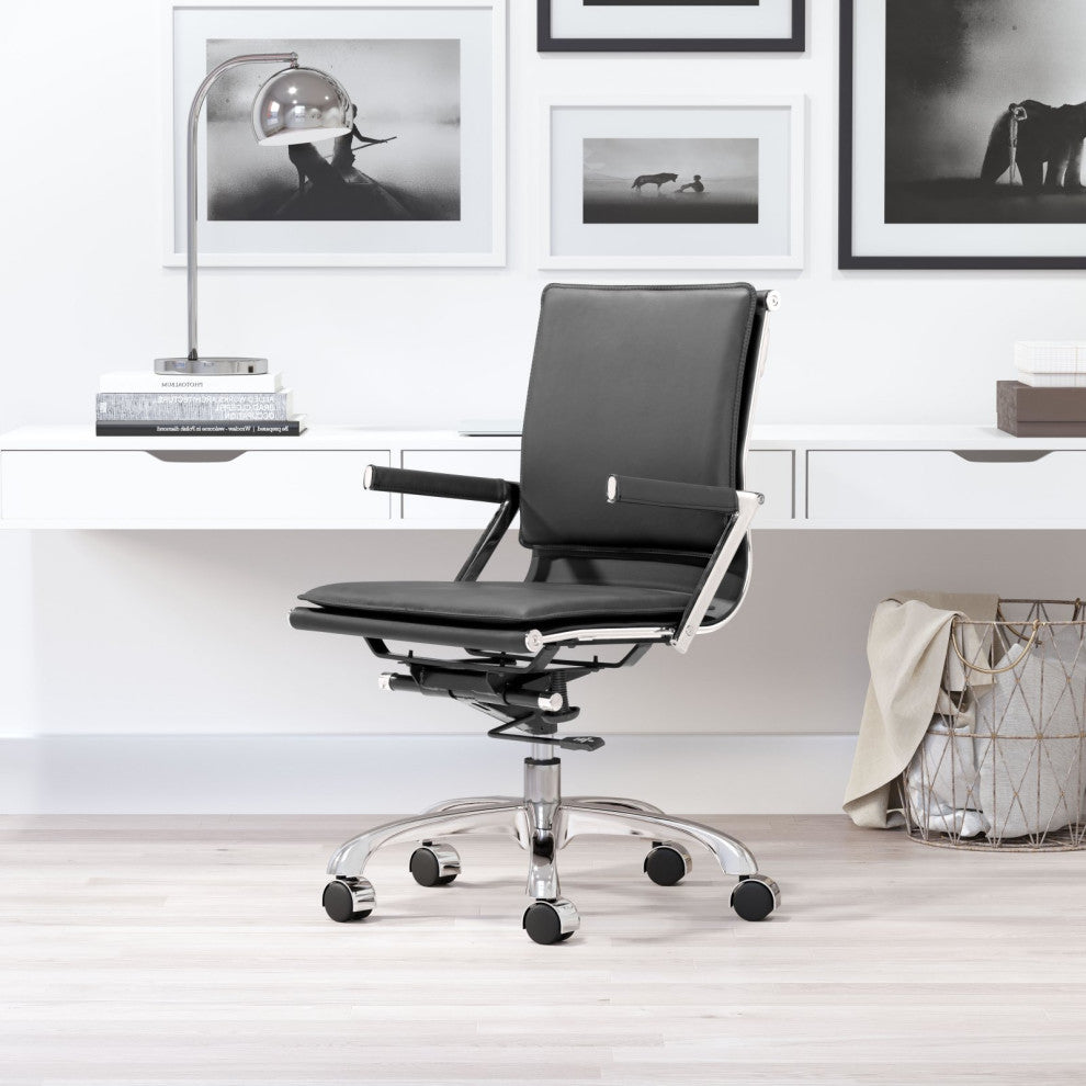Computer Chair, Faux Vinyl Leather, Steel, Black, Silver, Home Business Office