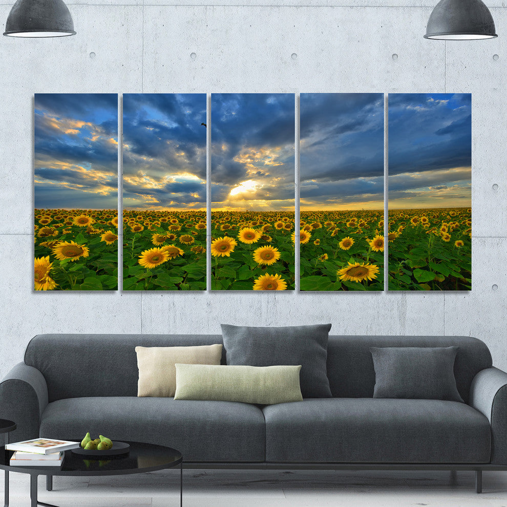 Beauty Sunset over Sunflowers, Landscape Canvas Art Print, 60"x28", 5 Panels