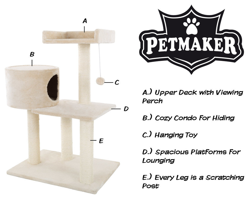 3-Tier Cat Tree 31" White Plush Cat Tower With Scratching Posts and Bed
