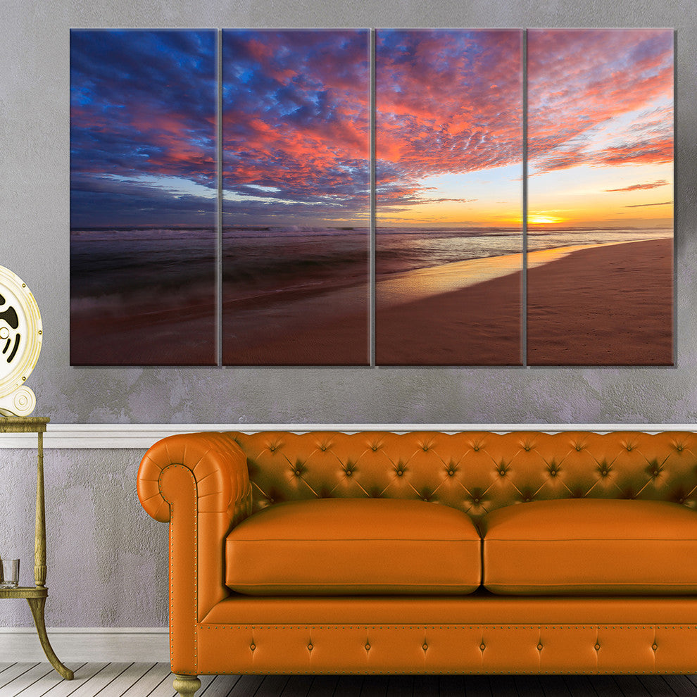 Colored Clouds in Beach at Sunset, Seashore Canvas Print, 48"x28", 4 Panels