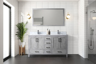 60" Distressed Gray Double Vanity, White Marble Top, White Sinks and 58" Mirror