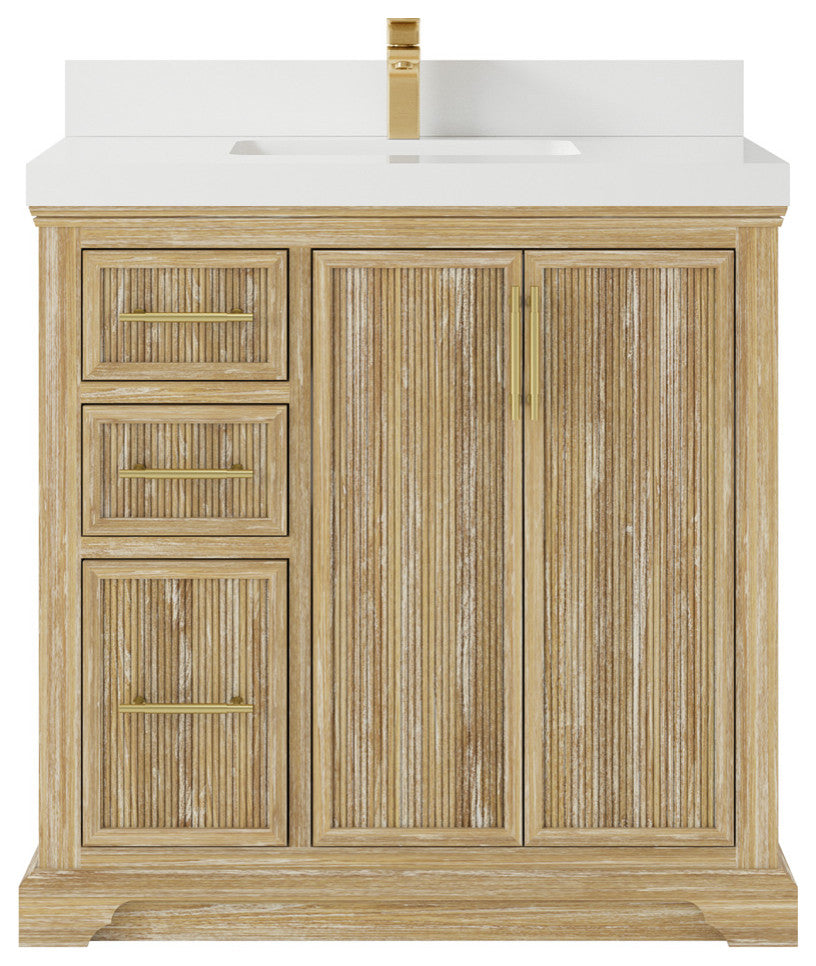 Alys Teak 36 Bathroom Vanity Center Sink Whitewashed 2" White Quartz