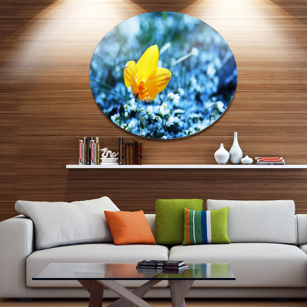 Solitary Yellow Flower On Blue, Modern Flower Round Metal Wall Art, 11"