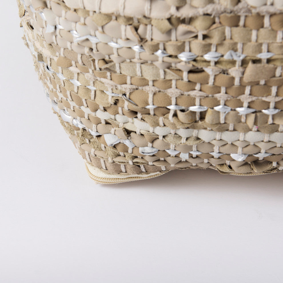 Aadhya 16Lx16Wx16H Taupe/Silver Leather and Cotton Pouf