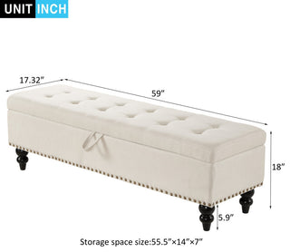 Gewnee 59" Fabric Button-Tufted Storage Ottoman Bench, Beige