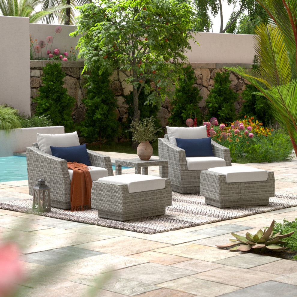 Cannes 5 Piece Sunbrella Outdoor Patio Club Chair and Ottoman Set, Bliss Ink