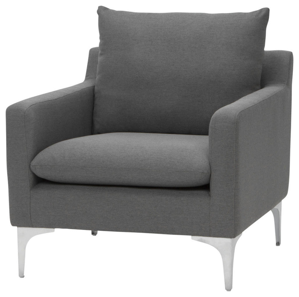 Anders Single Seat Armchair in Slate Grey Velour and Stainless Steel Legs