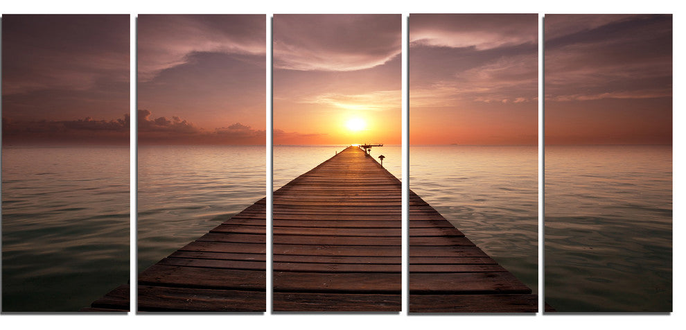 Seashore Boardwalk into the Sun, Seashore Canvas Art Print, 60"x28", 5 Panels