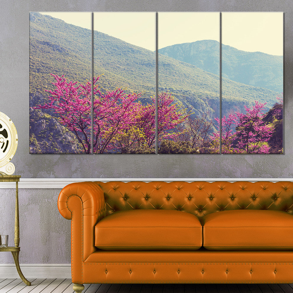 Pink Blossoming Flowers in Mountains, Floral Canvas Art Print, 48"x28", 4 Panels